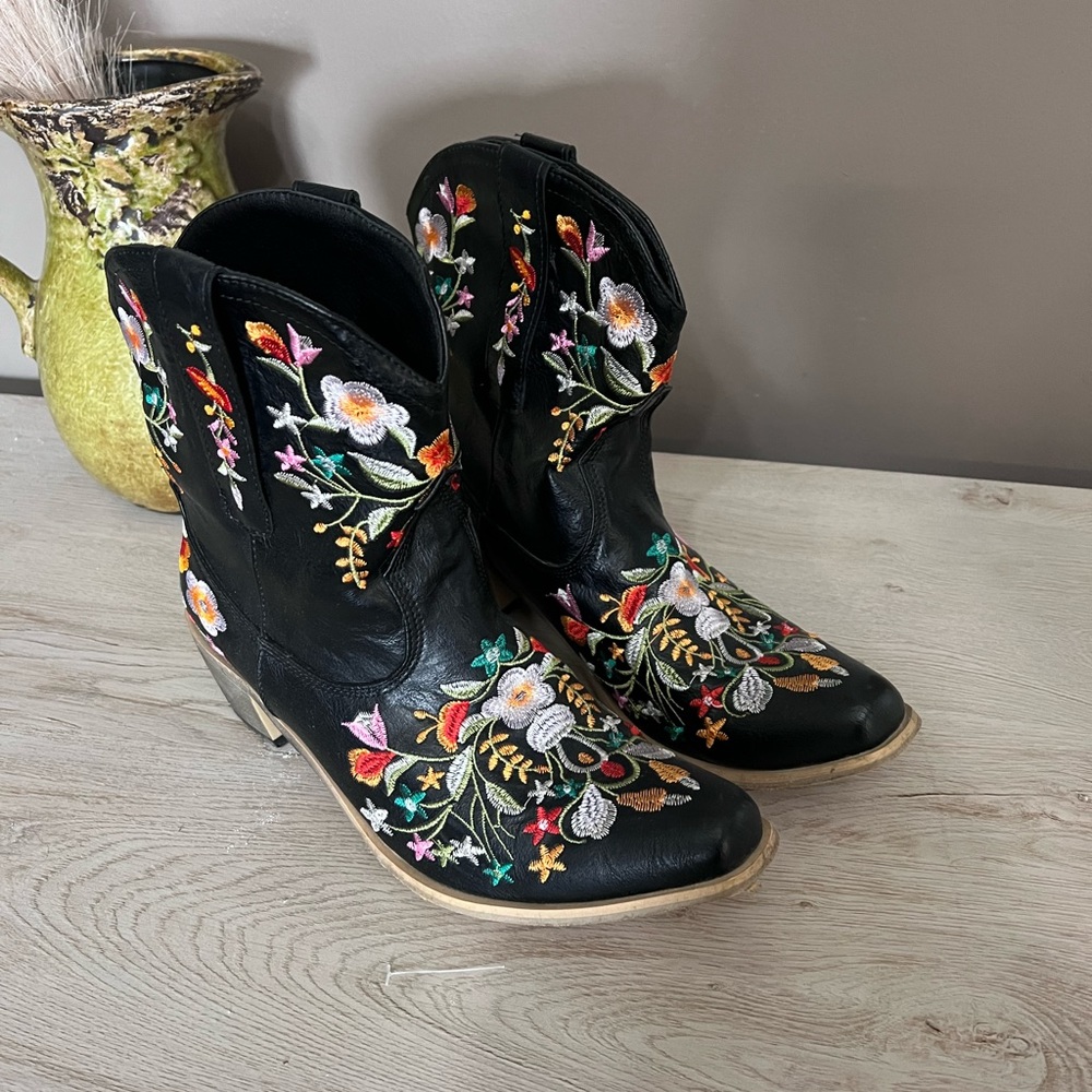Black Embroidered Floral Ankle Boots - Women's Booties